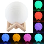 15cm Patted 3D Print Jupiter Lamp, USB Charging 7-Color Changing Energy-saving LED Night Light with Wooden Holder Base