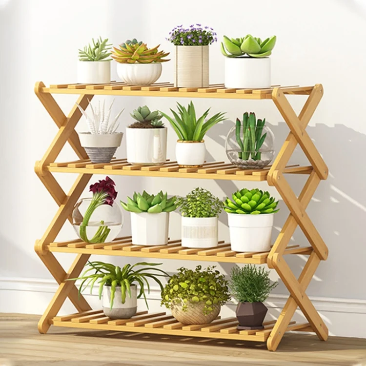 OG6671.webp 4-Layer Balcony Living Room Collapsible Solid Wood Flower Stand Potted Planting Shelves, Length: 70cm - Image 1