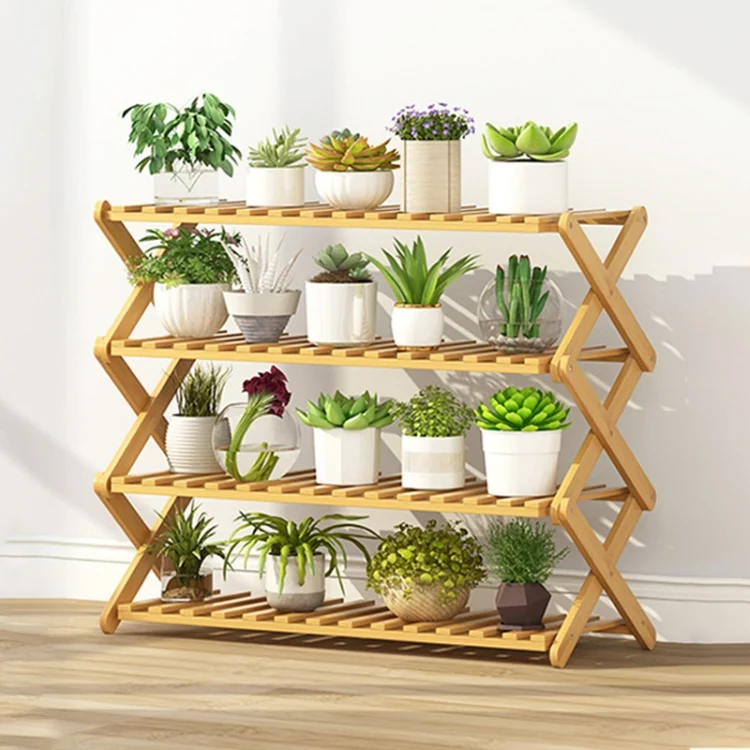 4-Layer Balcony Living Room Collapsible Solid Wood Flower Stand Potted Planting Shelves, Length: 80cm