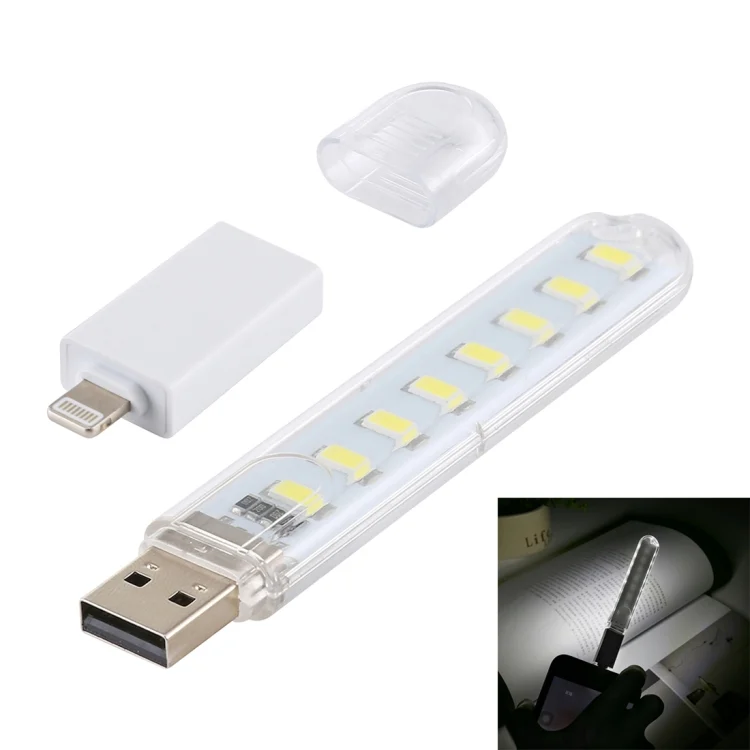 PC1147WL.webp 8LEDs 5V 200LM USB LED Book Light Portable Night Light, with 8 Pin Adapter - Image 1