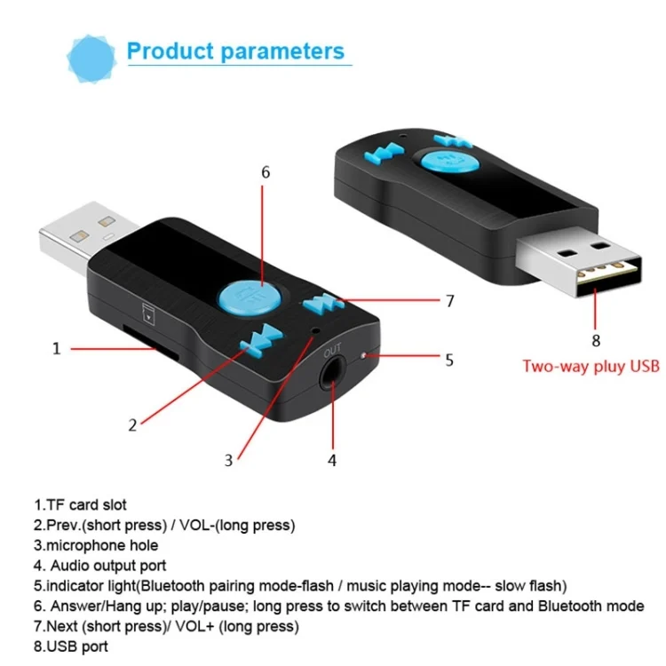 PC1780_14.webp BC07 Mini Brushed Texture USB Bluetooth Receiver MP3 Player SD/TF Card Reader with Microphone & Audio Cable, Support Handsfree & AUX Output & 32GB Micro SD / TF Card & Two-sided USB Port Connecting - Image 15