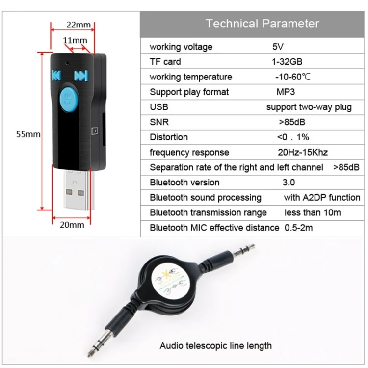 PC1780_15.webp BC07 Mini Brushed Texture USB Bluetooth Receiver MP3 Player SD/TF Card Reader with Microphone & Audio Cable, Support Handsfree & AUX Output & 32GB Micro SD / TF Card & Two-sided USB Port Connecting - Image 16