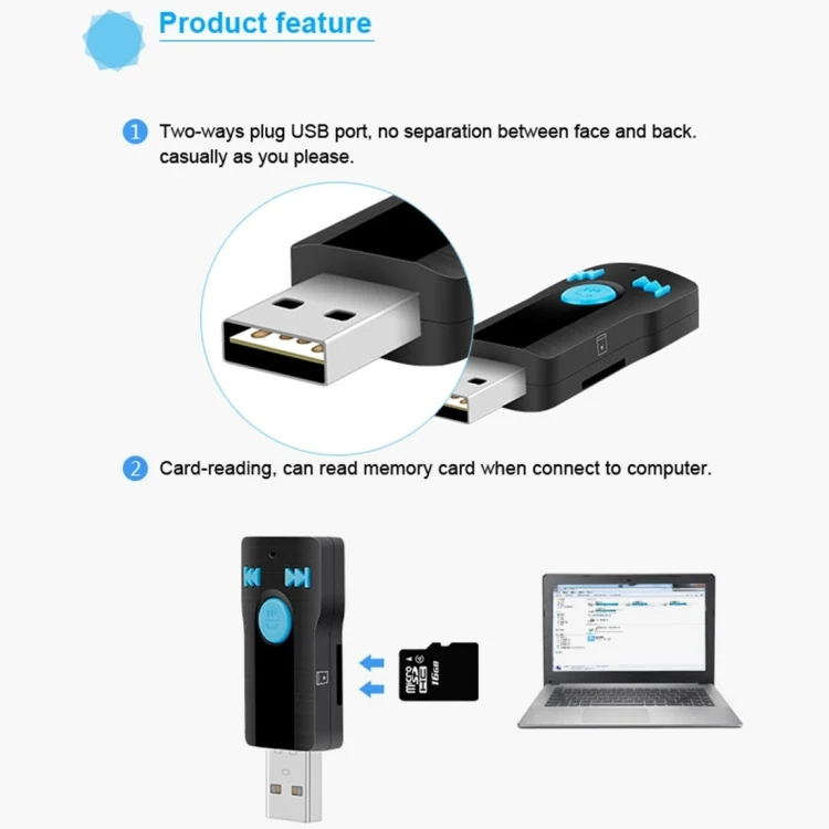 PC1780_16.webp BC07 Mini Brushed Texture USB Bluetooth Receiver MP3 Player SD/TF Card Reader with Microphone & Audio Cable, Support Handsfree & AUX Output & 32GB Micro SD / TF Card & Two-sided USB Port Connecting - Image 17