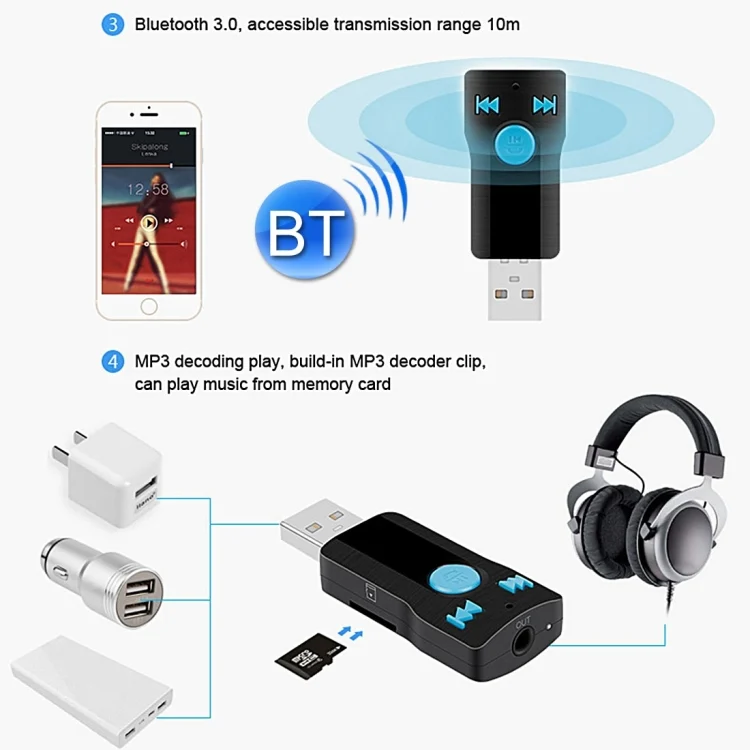 PC1780_17.webp BC07 Mini Brushed Texture USB Bluetooth Receiver MP3 Player SD/TF Card Reader with Microphone & Audio Cable, Support Handsfree & AUX Output & 32GB Micro SD / TF Card & Two-sided USB Port Connecting - Image 18