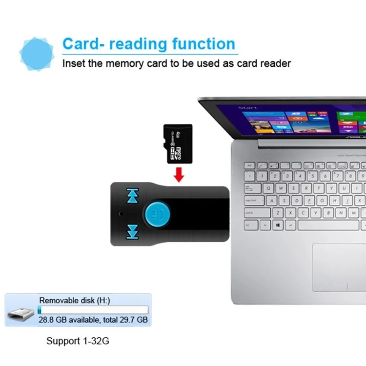 PC1780_9.webp BC07 Mini Brushed Texture USB Bluetooth Receiver MP3 Player SD/TF Card Reader with Microphone & Audio Cable, Support Handsfree & AUX Output & 32GB Micro SD / TF Card & Two-sided USB Port Connecting - Image 10