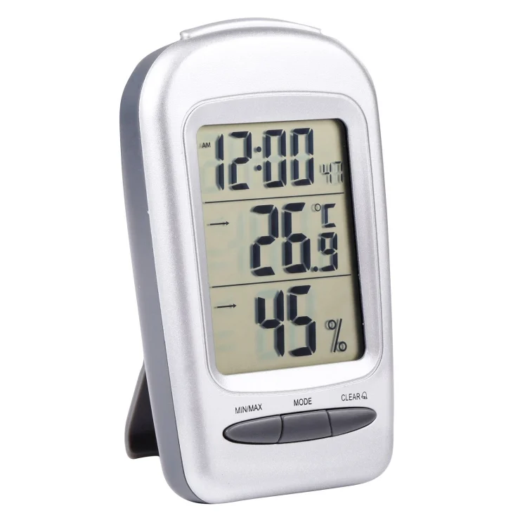 S-CA-1182.webp LCD Digital Desk Indoor Thermometer Hygrometer with Date / Clock / Freezing Warning(Silver) - Image 1