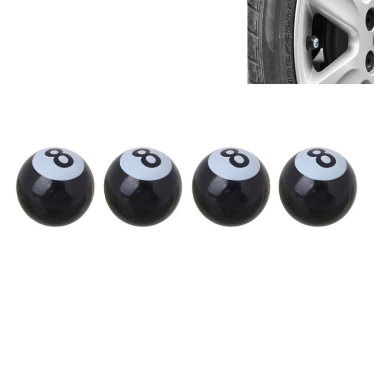 Universal 8mm American Billiards No.8 Ball Style Plastic Car Tire Valve Caps, Pack of 4