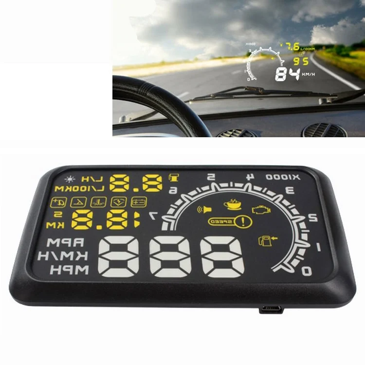 S-CMS-2204.webp W02 5.5 inch Car OBDII HUD Fuel Consumption Warning System Vehicle-mounted Head Up Display Projector with LED - Image 1