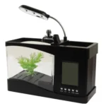 USB Desktop Aquarium Mini Fish Tank with Running Water and 6 LED Light, LCD Clock Display with Calendar, Time and Alarm (Holds 1.5 Quarts of Water)(Black) - Image 3