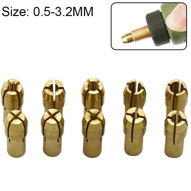 10 in 1 Three-claw Copper Clamp Nut for Electric Mill Fittings,Bore diameter: 0.5-3.2mm