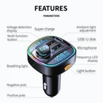 C22 Car Bluetooth 5.0 FM Transmitter LED Light Voltage Display QC 3.0 PD Charger - Image 5
