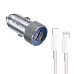 P19 Metal PD20W USB-C + QC18W USB Car Charger with Type-C to 8 Pin Date Cable