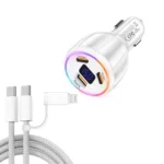 TE-S02 Display Screen PD30W x 2 + QC 30W Car Charger with Type-C to Type-C / 8-pin Data Cable