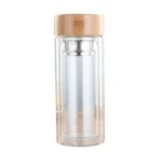 Glass Water Tea Bottles with Infuser Bamboo Lid Double Wall Brief Portable Outdoor Bottle