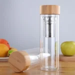 Glass Water Tea Bottles with Infuser Bamboo Lid Double Wall Brief Portable Outdoor Bottle - Image 5
