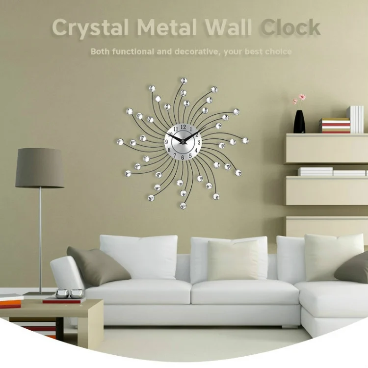 TBD0137545801A_6.webp Wrought Iron Crystal Wall Clock Mute Metal Wall Clock for Living Room Bedroom - Image 7
