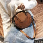 Circular Scrub PU Leather Women Bags Retro Handbag Shoulder Mini Bag - Image 3