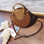 Circular Scrub PU Leather Women Bags Retro Handbag Shoulder Mini Bag - Image 4