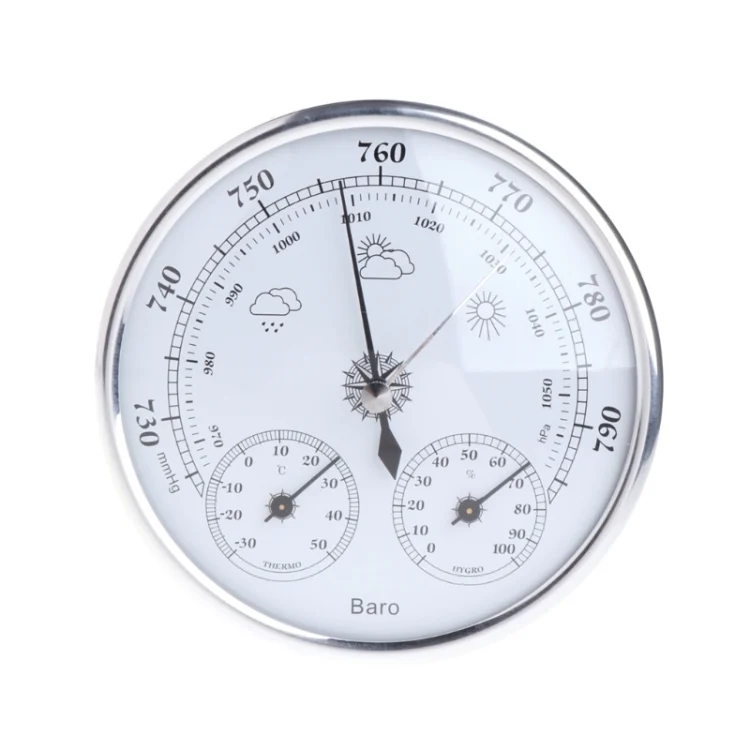 THB9392 Wall Hanging Household Weather Station Barometer Thermometer Hygrometer, 128mm (Silver)