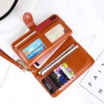 Ladies Oil Wax Leather Retro Long Large Capacity Multifunctional Wallet Clutch Bag - Image 6
