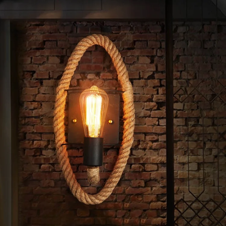 Vintage Hemp Rope Edison Light Bulb Wrought Iron Wall Lamp with Bulb