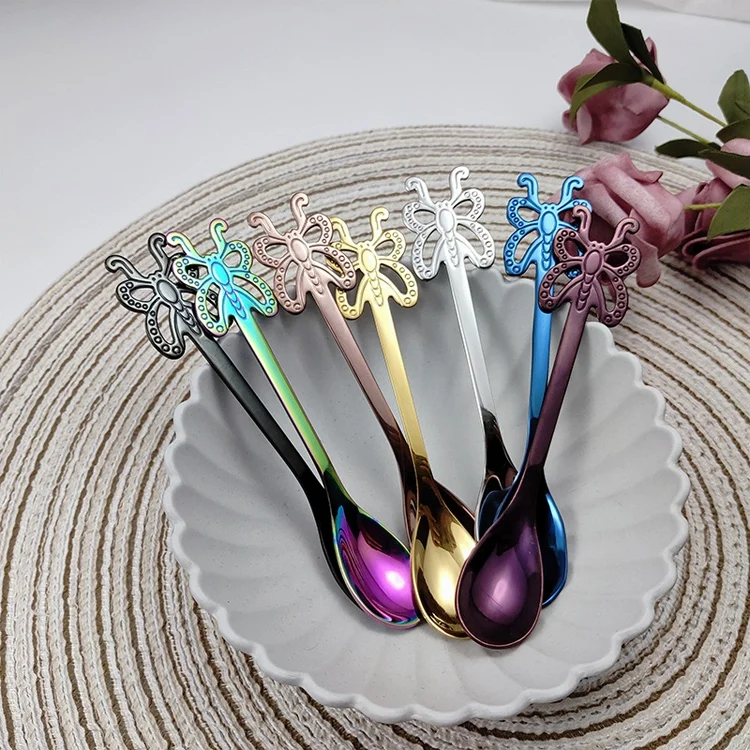 TBD0323886801_B2.webp Multicolor Stainless Steel Butterfly Coffee Spoon Fruit Cold Drink Ice Cream Dessert Tea Spoon - Image 3