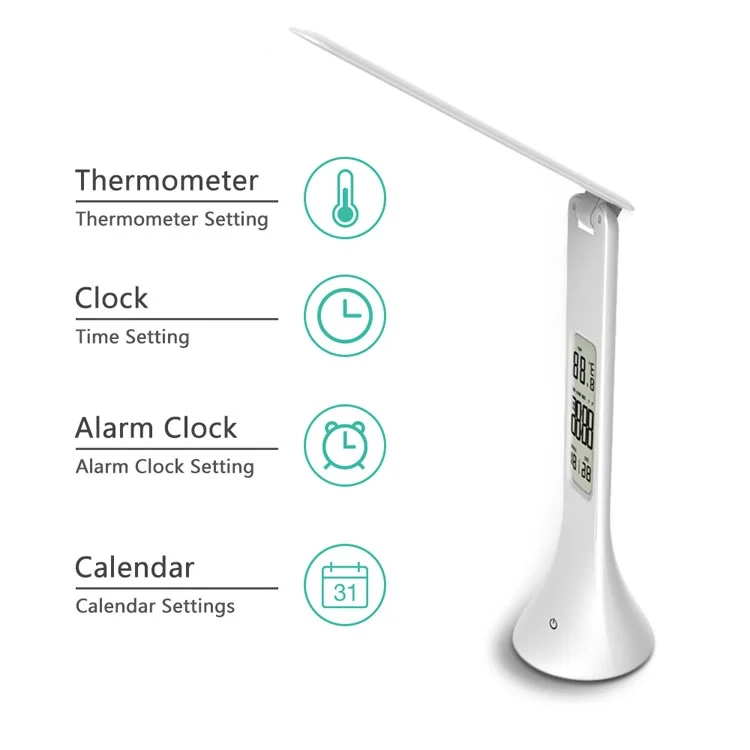 TBD0381309301A_5.webp 3.5W Foldable Dimmable Calendar Temperature Alarm Clock LED Table Lamp Night Reading Light - Image 6