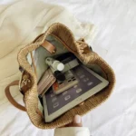 88991 Straw Handbag Shoulder Messenger Bag Bamboo Bucket Bag - Image 5