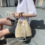 88991 Straw Handbag Shoulder Messenger Bag Bamboo Bucket Bag - Image 7
