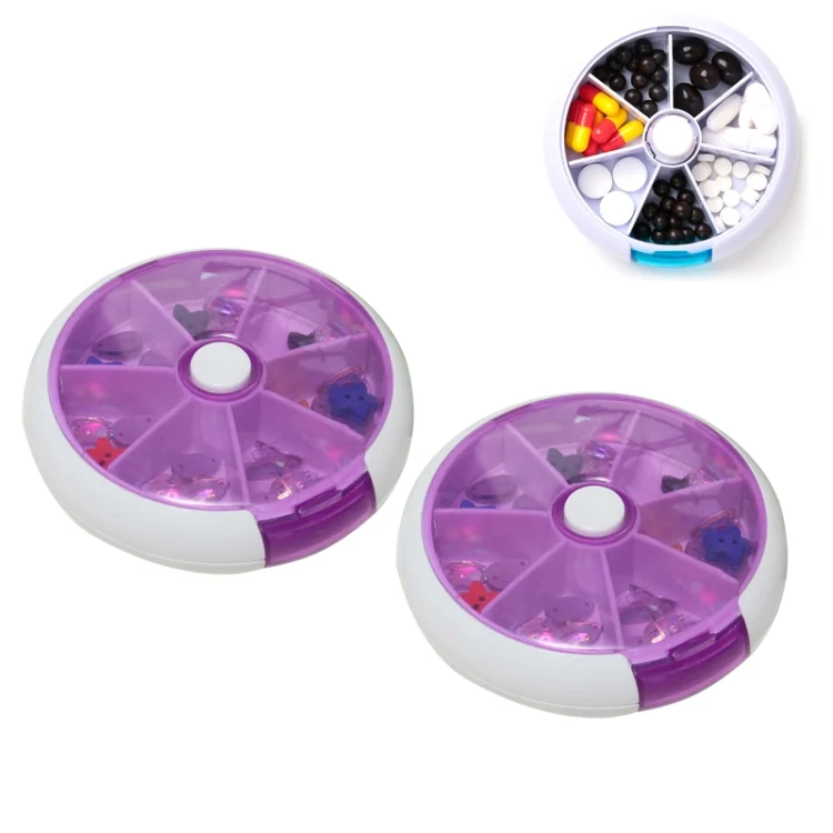 2 PCS Creative Multifunctional Round Portable Seven-grid Rotating Plastic Pill Box
