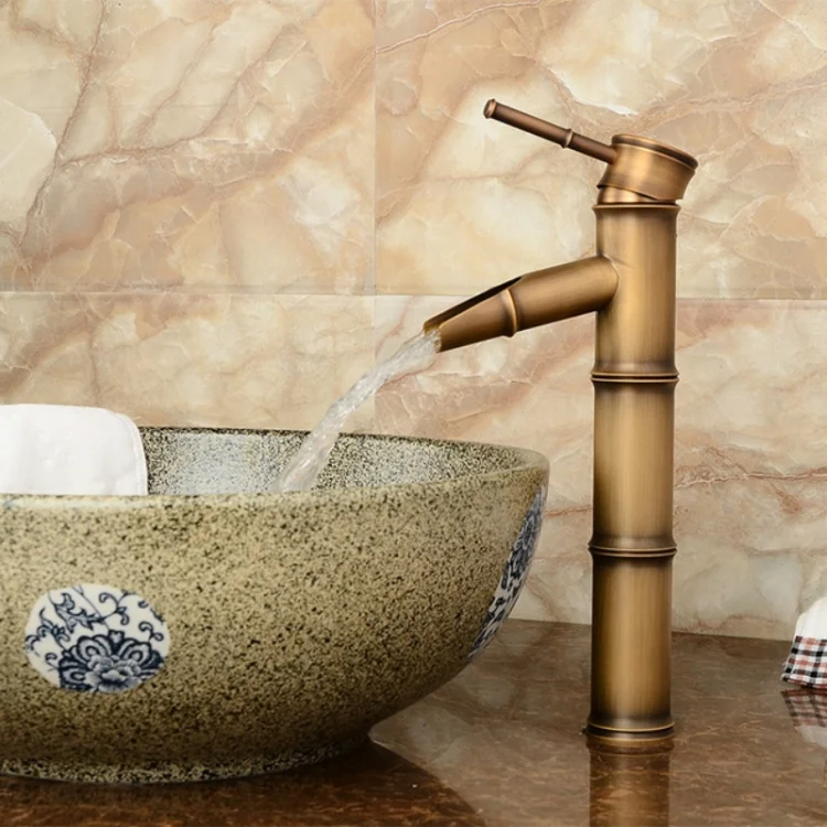 TBD0422773601_7.webp Antique Retro Hot Cold Water Bathroom Counter Basin Bamboo Waterfall Basin Copper Faucet - Image 8