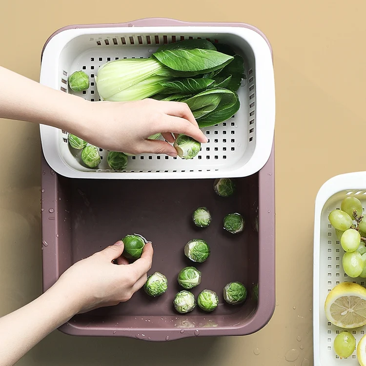 TBD0425339501A.webp Double-layer Classification Square Drain Basket Kitchen Household Plastic Fruit and Vegetable Basket - Image 1