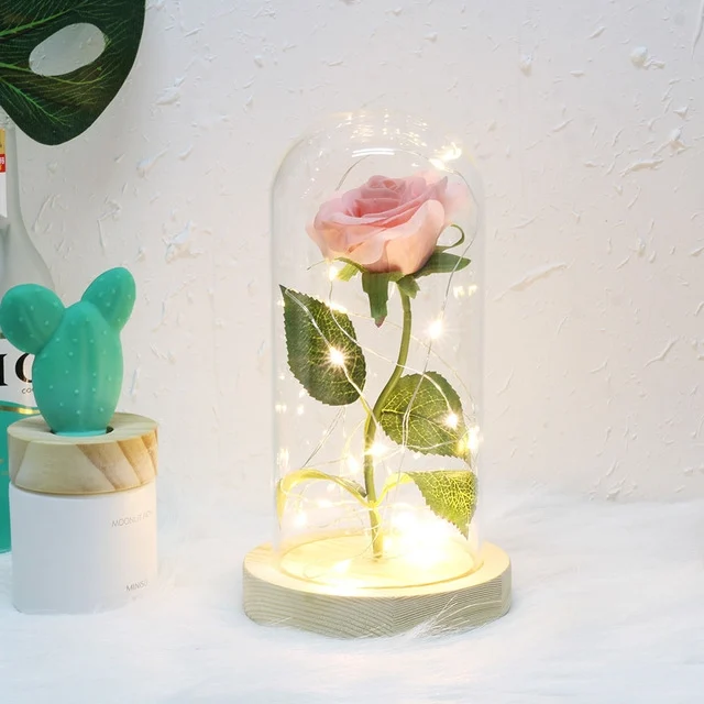 Simulation Roses Lights Glass Cover Decorations Crafts Valentines Day Gifts