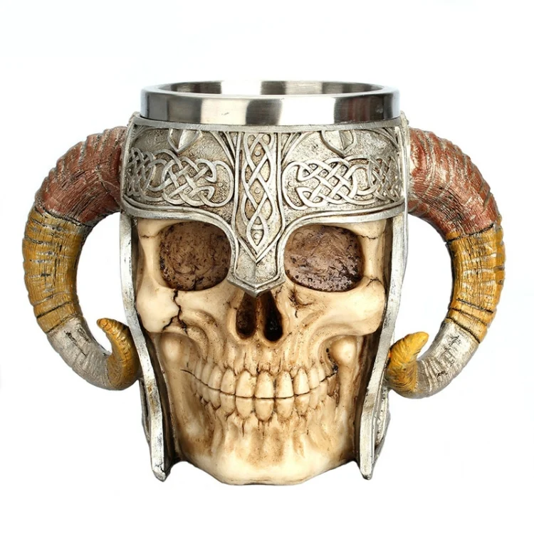 Stainless Steel Skull Mug Ram Horned Warrior Beer Coffee Mug Tea Cup Halloween Bar Drinkware Gift