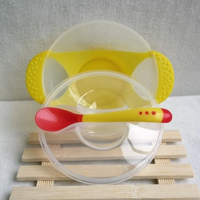 3 PCS Children Tableware Baby Learning Dishes With Suction Cup Assist Food Bowl Temperature Sensing Spoon