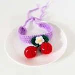 Pet Handmade Knitted Wool Cherry Cat Dog Collar Bib Adjustable Necklace - Image 3