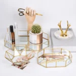 Glass Storage Tray Golden Retro Polygon Mirror Tray Brass Desktop Cosmetics Storage Tray - Image 2