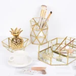 Glass Storage Tray Golden Retro Polygon Mirror Tray Brass Desktop Cosmetics Storage Tray - Image 3
