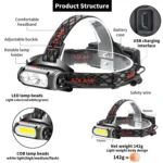 TG-TD113 T6+COB Head-Mounted USB Charging Rotating Multi-Function Headlight White Red And Green Three Light Sources Headlight - Image 5