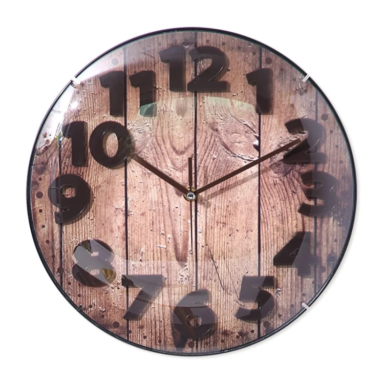 Simple Retro Imitation Wood Grain Three-dimensional Digital Round Wall Clock