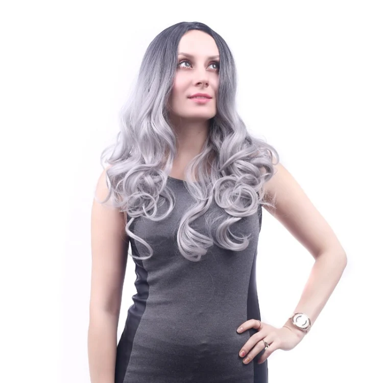 TBD0574415401A.webp Women Medium Haircut Bangs Black Gradient Granny Grey Long Curly Big Wave Wig - Image 1