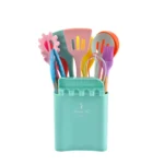 KU349 13 In 1 Storage Barreled Wooden Handle Silicone Kitchenware Set Non-Stick Cooking Spoon Shovel Kitchen Rack