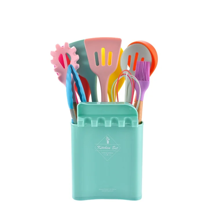 KU349 13 In 1 Storage Barreled Wooden Handle Silicone Kitchenware Set Non-Stick Cooking Spoon Shovel Kitchen Rack