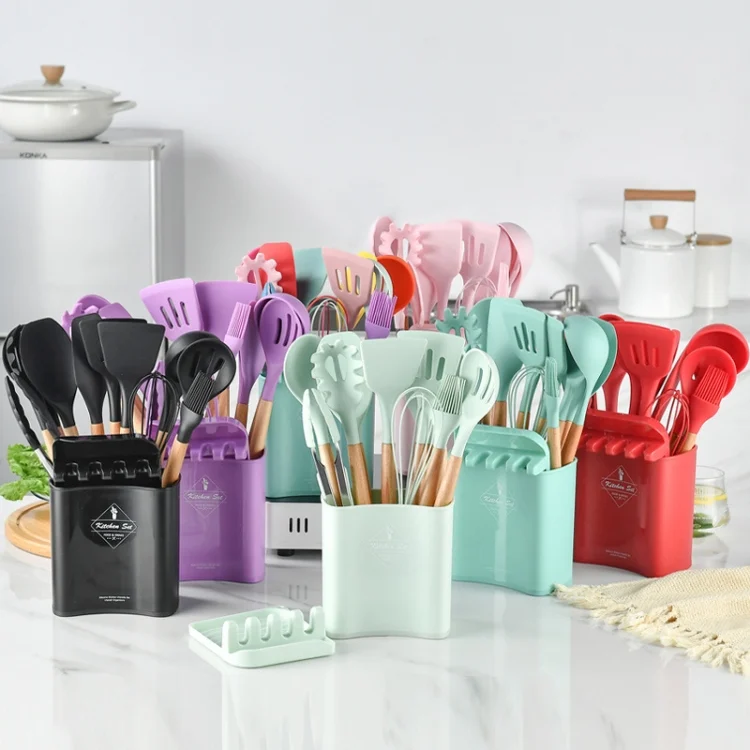 TBD0574958201_B1.webp KU349 13 In 1 Storage Barreled Wooden Handle Silicone Kitchenware Set Non-Stick Cooking Spoon Shovel Kitchen Rack - Image 2