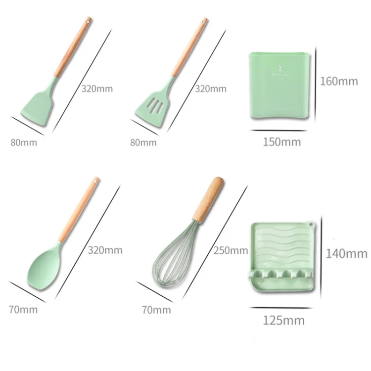 TBD0574958201_B2.webp KU349 13 In 1 Storage Barreled Wooden Handle Silicone Kitchenware Set Non-Stick Cooking Spoon Shovel Kitchen Rack - Image 3