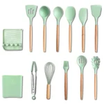 KU349 13 In 1 Storage Barreled Wooden Handle Silicone Kitchenware Set Non-Stick Cooking Spoon Shovel Kitchen Rack - Image 5