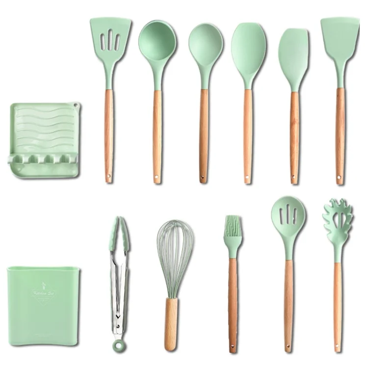 TBD0574958201_B4.webp KU349 13 In 1 Storage Barreled Wooden Handle Silicone Kitchenware Set Non-Stick Cooking Spoon Shovel Kitchen Rack - Image 5
