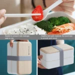 Office Double-layer Separated Lunch Box Wooden Portable Microwaveable Heating Student Bento Box with Cutlery - Image 7