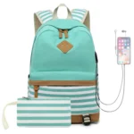 2 PCS/Set Printed Canvas Backpack Student School Bag Striped Large Capacity Backpack