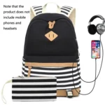 2 PCS/Set Printed Canvas Backpack Student School Bag Striped Large Capacity Backpack - Image 5